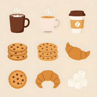 Üretken yapay zekayla oluşturulan sıcak kahve ve kurabiye çizimi. Baskı, dekor ve mevsimlik ürünler için mükemmel..