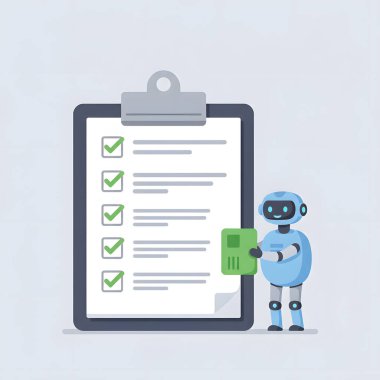 Üretken yapay zekayla oluşturulmuş küçük robot asistanı olan bir kontrol listesi panosunun çizimi.