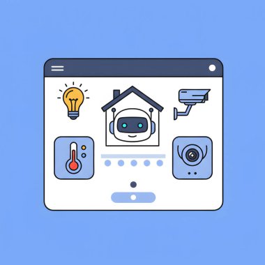 Güvenlik, otomasyon ve izleme simgeleriyle akıllı ev kontrol panelinin modern illüstrasyonu