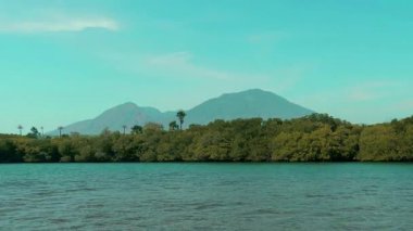 Endonezya 'daki Baluran Ulusal Parkı bölgesinde yaz aylarında mangrov ormanları ve dağları olan güzel bir sahil manzarası..