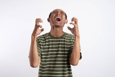 Beyaz çizgili yeşil gömlek giyen Asyalı bir adam kızgın bir ifade sergiliyor, dişlerini gösteriyor ve ellerini pençe gibi hareketlerle kaldırıyor, sanki öfke ya da hüsran içindeymiş gibi. Sade beyaz arkaplan konuyu vurgular.