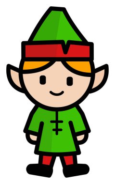 Çizgi film karakteri yeşil elbiseli ve kırmızı şapkalı.