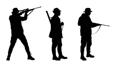 Tüfek tutan üç siluet adam çeşitli pozlarda