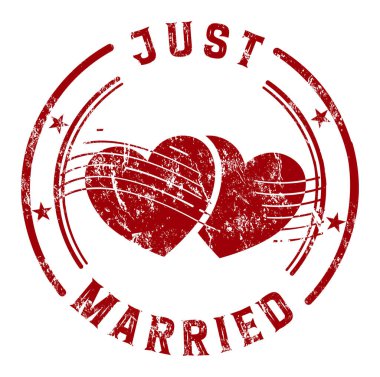 İki kalp içeren kırmızı damga ve yeni evlenmiş bir metin.