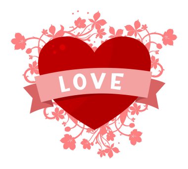 Kırmızı kalp pembe çiçekler ve aşk bayrağıyla çevrili.