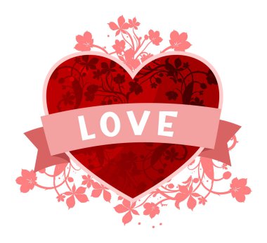 Kırmızı kalp pembe çiçekler ve aşk bayrağıyla çevrili.