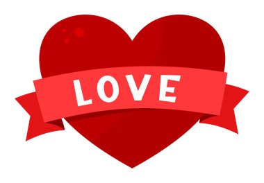 Aşk metni ve kurdele tasarımı ile kırmızı kalp şekli