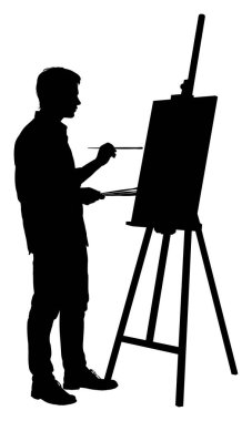 Şövaleye fırçayla resim yapan sanatçının silueti