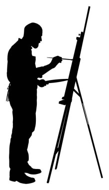 Şövaleye fırçayla resim yapan sanatçının silueti