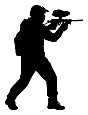 Beyaz arkaplanda paintball oyuncusunun vektör silueti.     