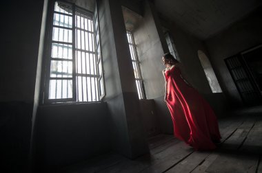 Kırmızı elbiseli genç Asya kadın moda fotoğrafı