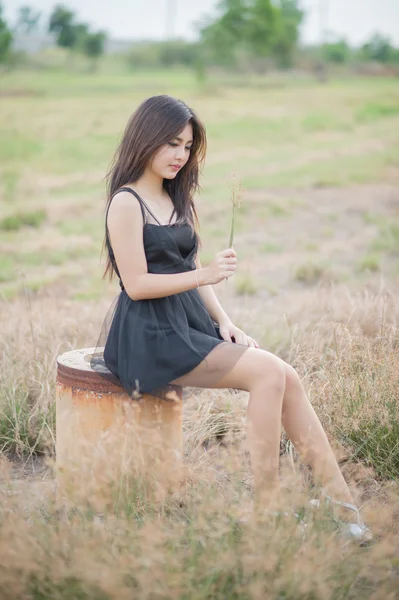 Menina asiática em um prado, noites de luz — Fotografia de Stock