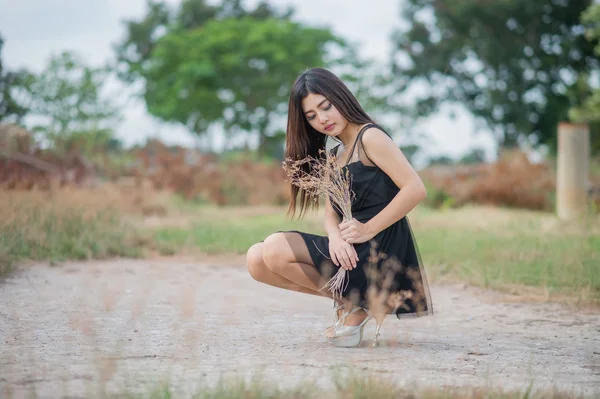 Menina asiática em um prado, noites de luz — Fotografia de Stock