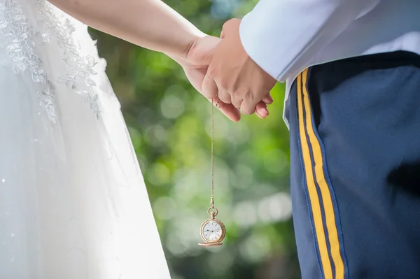 Bride Groom Holding Hands Clock Hanging Bokeh Background — Stock Photo, Image