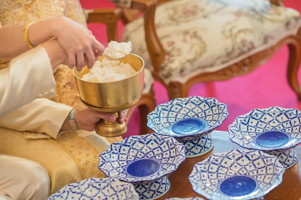 Gelin ve damat sadaka için keşiş geleneği düğün töreninde Tayland gıda vermek 