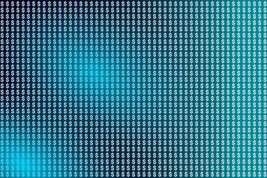 Parlak dolar sembolleri, ticari ve yatırım görselleri için uygun finans, dijital ekonomi ve teknoloji temalarını temsil eden mavi gradyan üzerinde kusursuz bir model oluşturur..