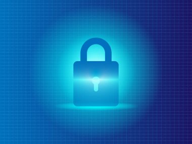 Mavi ızgara arkaplanda parlayan güvenli dijital kilit simgesi veri koruma gizliliğini ve siber güvenliği temsil ediyor teknoloji ağı ve dijital güvenlik teması için mükemmel