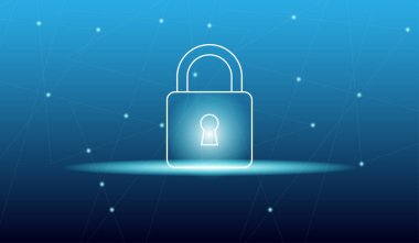 Mavi dijital arkaplanda parlayan kilit güvenlik simgesi veri koruma gizliliğini ve siber güvenliği temsil eden modern teknoloji tasarımı şifreli erişim sistemi ve güvenli ağ illüstrasyonları için idealdir