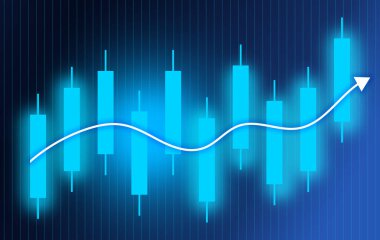 Mavi şamdan tablosu, parlayan beyaz trend çizgisi ve yükselen oku gösteriyor. Büyümeyi simgeliyor. Ticari veri ve piyasa analizi için yatırım artışı ve ekonomik ilerleme kavramı.