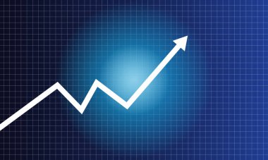 Ekonomik ilerleme verileri veya yatırım konsepti görselleri için modern temiz tasarım ile iş büyüme başarısını ve finansal kazancı sembolize eden mavi bir şebeke üzerinde beyaz yukarı ok çizimi
