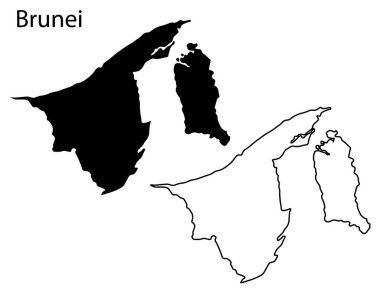 Basit Brunei harita siluet vektörü. Borneo adasındaki Asya ülkesinin temiz siyah çizgisi, seyahat, bilgi ve tasarım kullanımı için mükemmel.