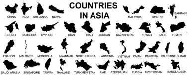 Asya Ülkeleri Siluet Vektör Seti Haritası - Asya Coğrafya Ülkesi Siyah Koleksiyon Şekilleri