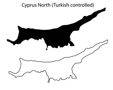 Basit Kuzey Kıbrıs haritası silüet vektörü. Akdeniz bölgesinin temiz siyah ada ana hatları, seyahat, bilgi ve tasarım kullanımı için ideal