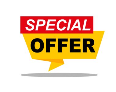 Kırmızı etiketli özel sarı konuşma baloncuğu. İndirim, Satış, Promosyon Bayrağı. Beyaz Arkaplanda Vektör Resimleri