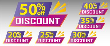 İndirimli alım şimdi farklı satış yüzdesine sahip açılır kapaklı afiş. 20, 25, 30, 35, 40, 50 indirimli fiyat indirimi rozet tanıtımı, yüzdeleri olan kırmızı indirimli satış etiketleri