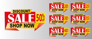 İndirim Etiketleri Vektör Seti, Açılır Mega Satış Sancağı, 50, 20, 25, 30, 35, 40, 45 İndirim, Özel Teklif Sarı EPS
