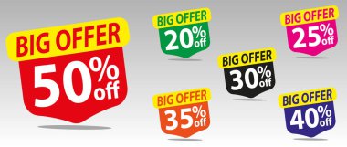 İndirimli alım şimdi farklı satış yüzdesine sahip açılır kapaklı afiş. 20, 25, 30, 35, 40, 50 indirimli fiyat indirimi rozet tanıtımı, yüzdeleri olan kırmızı indirimli satış etiketleri