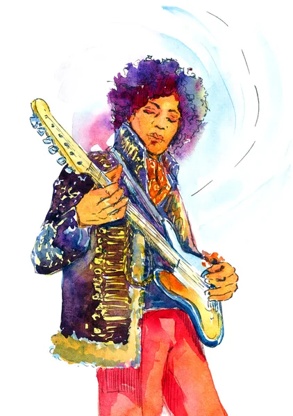 Ilustração em aquarela "Jimi Hendrix com guitarra " — Fotografia de Stock