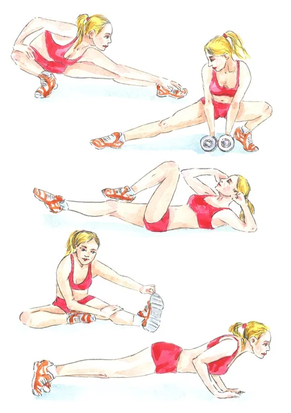 Fitness: blonde vrouw in rode sportkleding maakt oefeningen, geïsoleerd handgeschilderde aquarel illustratie — Stockfoto