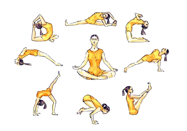 Yoga vormt set: vrouw in oranje sportkleding in asana vormt, eenvoudige illustratieve collectie van poses — Stockfoto