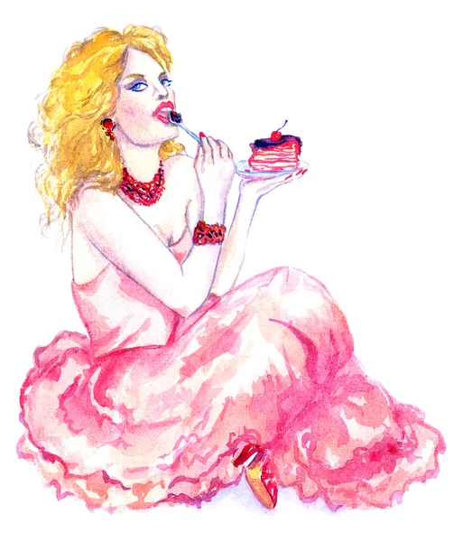 핑크 드레스에 매력적인 여자 먹는 체리 케이크의 슬라이스 — 스톡 사진