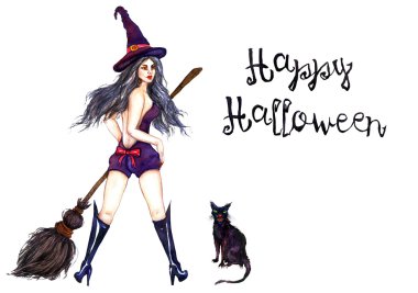 Seksi cadı şapka süpürge ve kara kedi 