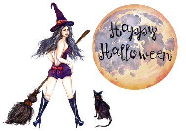 Seksi cadı şapka süpürge ve kara kedi 