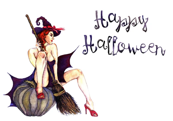 Sexy strega seduta sulla zucca "Buon Halloween " — Foto Stock