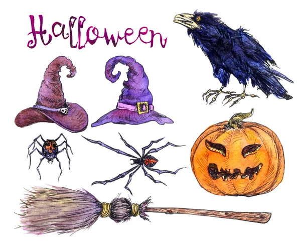 Set of witch\'s hats, pumpkin, spiders, crow, broom \