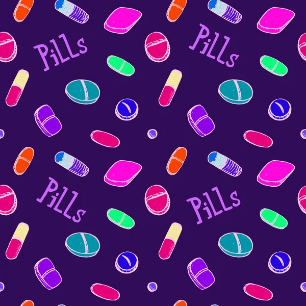 Colorful Pills Inscription Hand Drawn Doodle Sketch Illustration Seamless Pattern — Stock Photo, Image