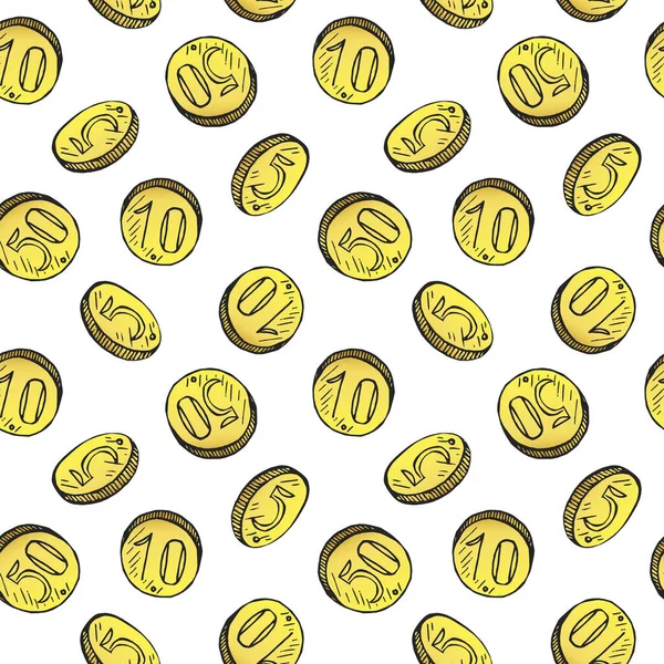 Goldene Münzen Vielfalt Fallen Handgezeichnete Doodle Skizze Nahtlose Mustergestaltung Auf — Stockfoto