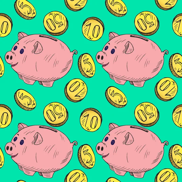 Pinkfarbenes Sparschwein Mit Goldenen Münzen Handgezeichnete Doodle Skizze Nahtloses Muster — Stockfoto