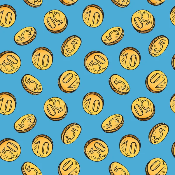 Goldene Münzen Vielfalt Fallen Handgezeichnete Doodle Skizze Nahtlose Mustergestaltung Auf — Stockfoto