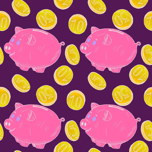 Pinkfarbenes Sparschwein Mit Goldenen Münzen Weißer Umriss Handgezeichnete Doodle Skizze — Stockfoto