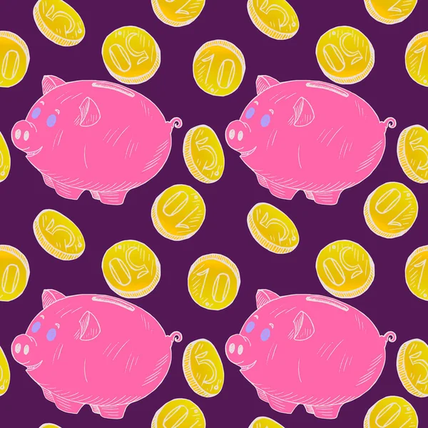 Pink piggy bank with golden coins pour into it, white outline, hand drawn doodle sketch, seamless pattern design on dark purple background