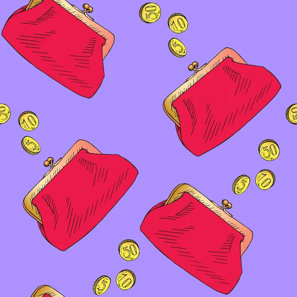 Red purse with golden coins pour into it, hand drawn doodle sketch, seamless pattern design on soft purple background