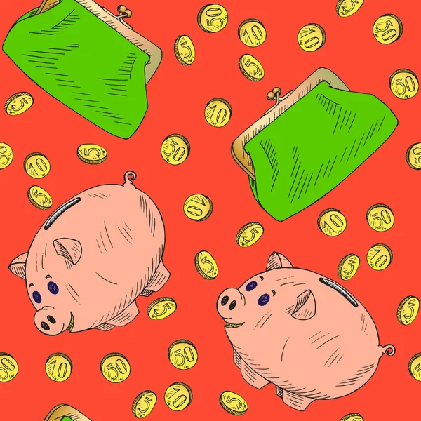 Pink piggy bank and green retro style purse with golden coins pour into it, hand drawn doodle sketch, seamless pattern design on orange background