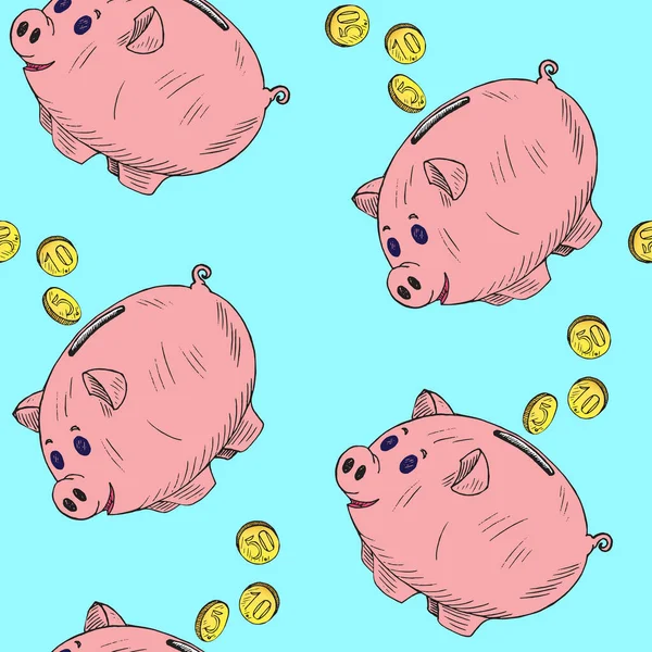 Pinkfarbenes Sparschwein Mit Goldenen Münzen Handgezeichnete Doodle Skizze Nahtloses Muster — Stockfoto