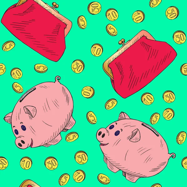粉红小猪银行和复古风格钱包与黄金硬币倒入其中 手绘涂鸦草图 无缝图案的绿色背景设计 — 图库照片