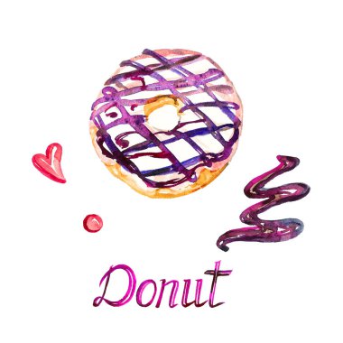 Jöleli çörek, elle boyanmış suluboya çizimler, beyaza izole edilmiş yazı, tasarım elementi, üst görünüm